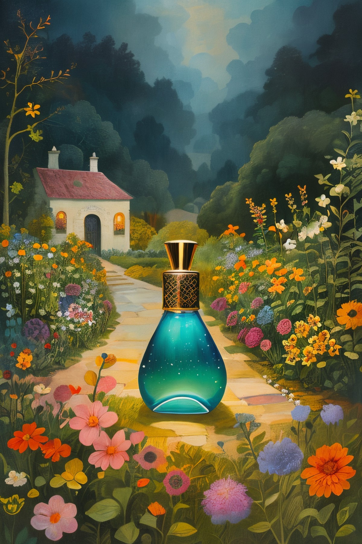 masterpiece,best quality,<lora:tbh199-:0.7>,illustration,style of Rosina Wachtmeister A bottle of perfume in garden